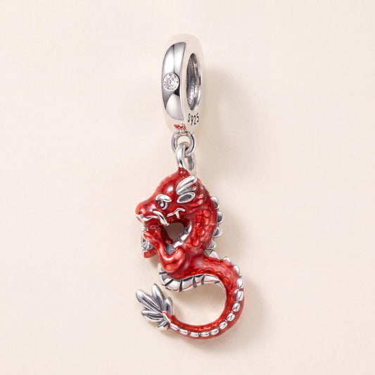 Red Dragon Dangle Charm in 925 sterling silver with red enamel and sparkling stones, fits European-style charm bracelets