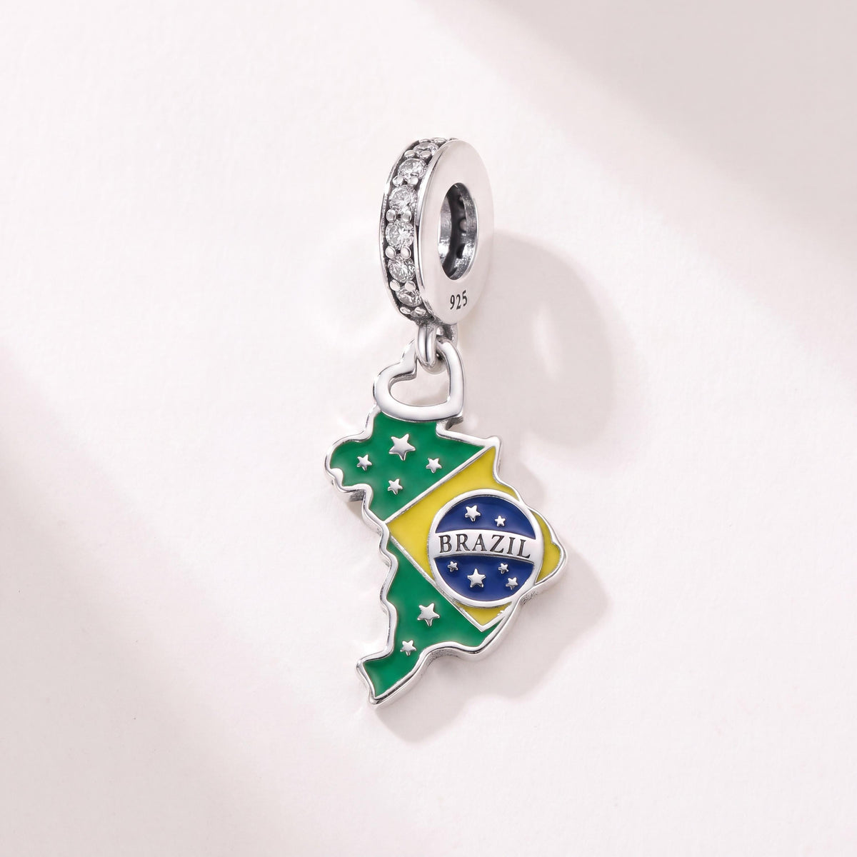 Brazil Map Charm in 925 sterling silver with green and yellow enamel and sparkling stones