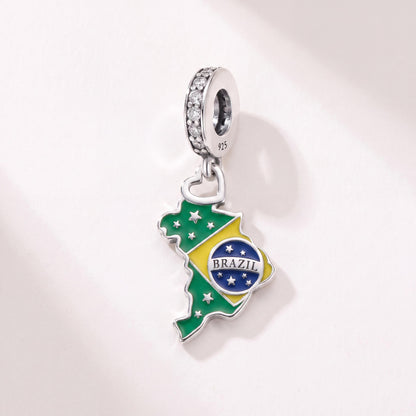 Brazil Map Charm in 925 sterling silver with green and yellow enamel and sparkling stones