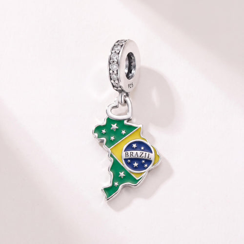 Brazil Map Charm in 925 sterling silver with green and yellow enamel and sparkling stones