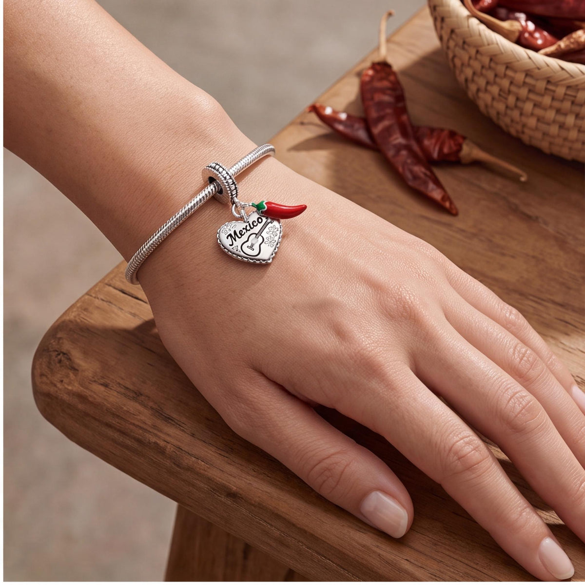 Mexico Heart Dangle close-up on a bracelet