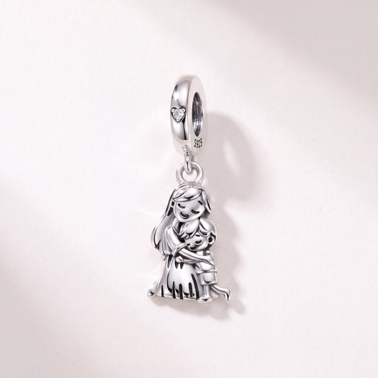 Mother and Child Charm in 925 sterling silver with sparkling stones, fits European-style charm bracelets