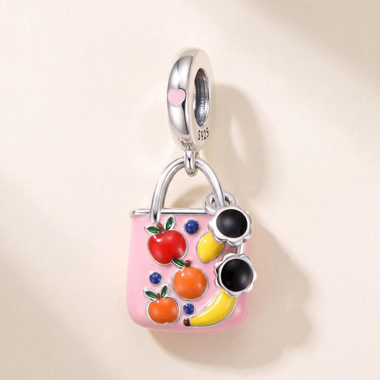 Fruit Bag Dangle Charm in 925 sterling silver with enamel, fits European-style charm bracelets