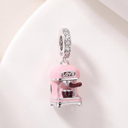 Coffee Machine Charm in 925 sterling silver with pink and red enamel and sparkling stones