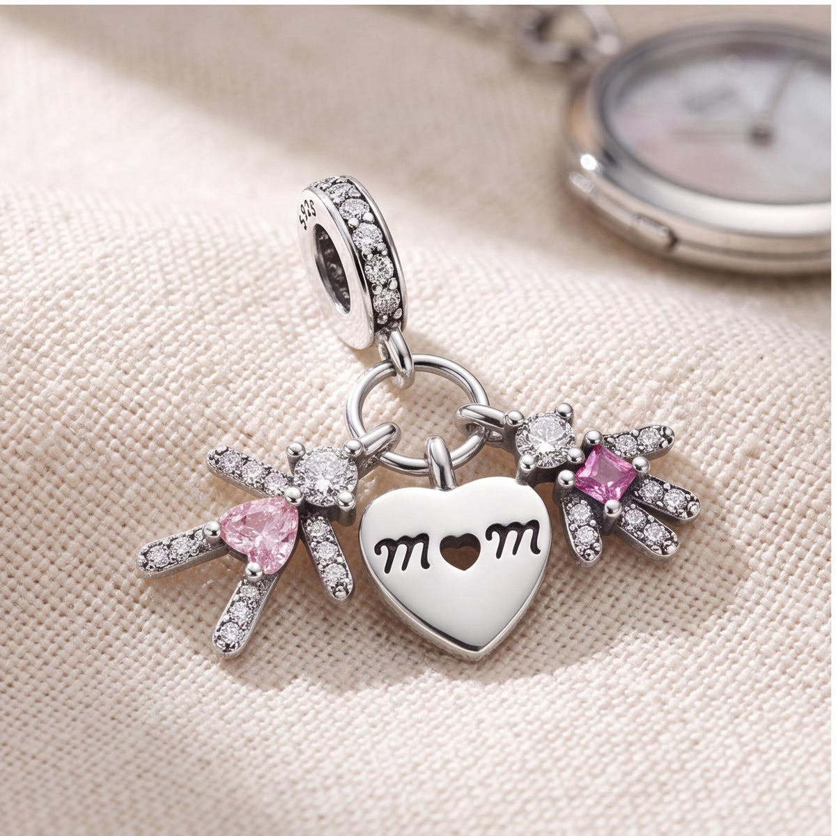 Mom Heart Kids Dangle Charm on a silver charm bracelet