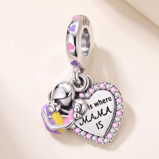 Mama Heart Dangle Charm in 925 sterling silver with pink and purple enamel and sparkling stones