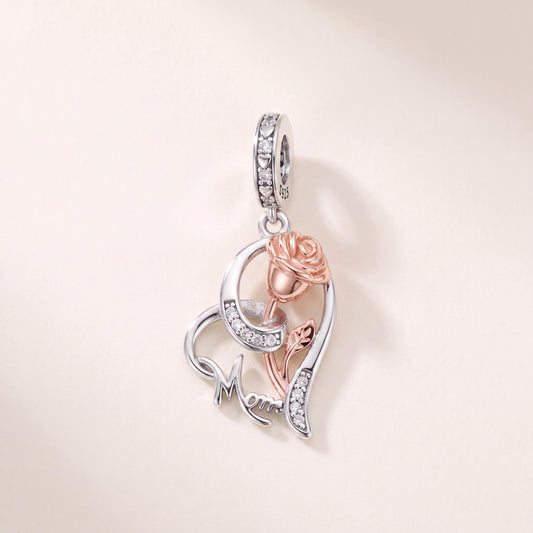 Mum Rose Heart Dangle in 925 sterling silver with sparkling stones, fits European-style charm bracelets