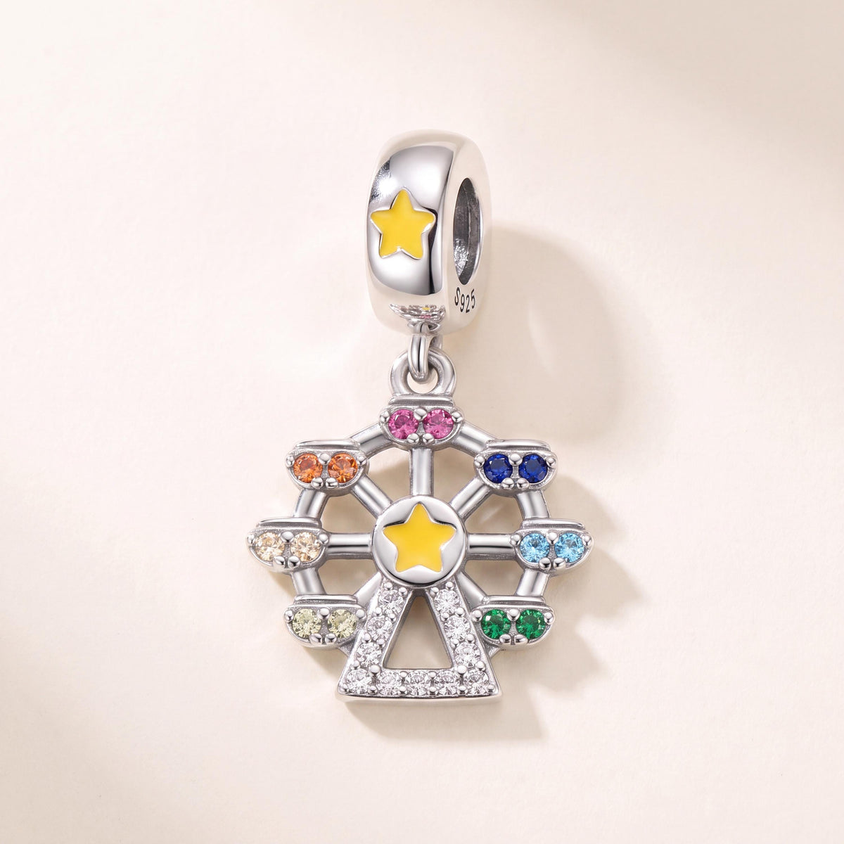 Rainbow Ferris Wheel Dangle in 925 sterling silver with yellow enamel and sparkling stones