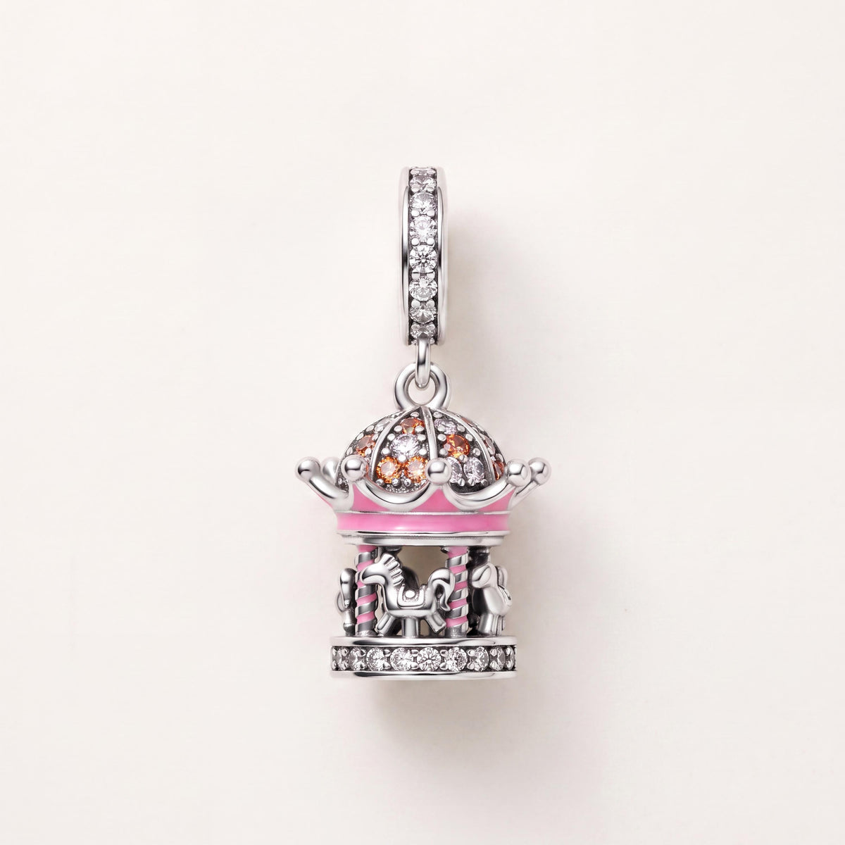 Pink Fairground Carousel Dangle in 925 sterling silver with pink enamel and sparkling stones