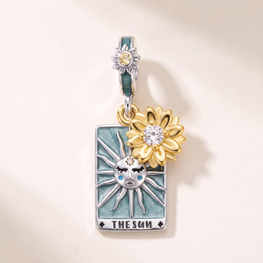 Sun Tarot Card Charm in 925 sterling silver with green and gold enamel and sparkling stones