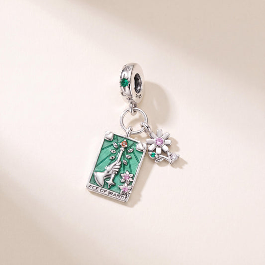 Ace of Wands Tarot Charm in 925 sterling silver with green enamel and sparkling stones, fits European-style charm bracelets