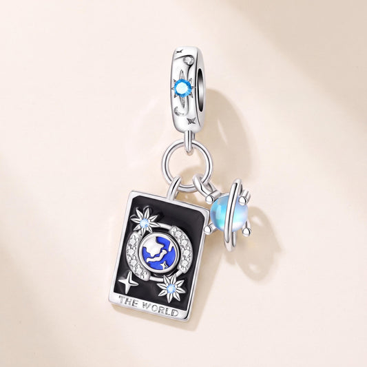 World Tarot Card Charm in 925 sterling silver with black and blue enamel and sparkling stones