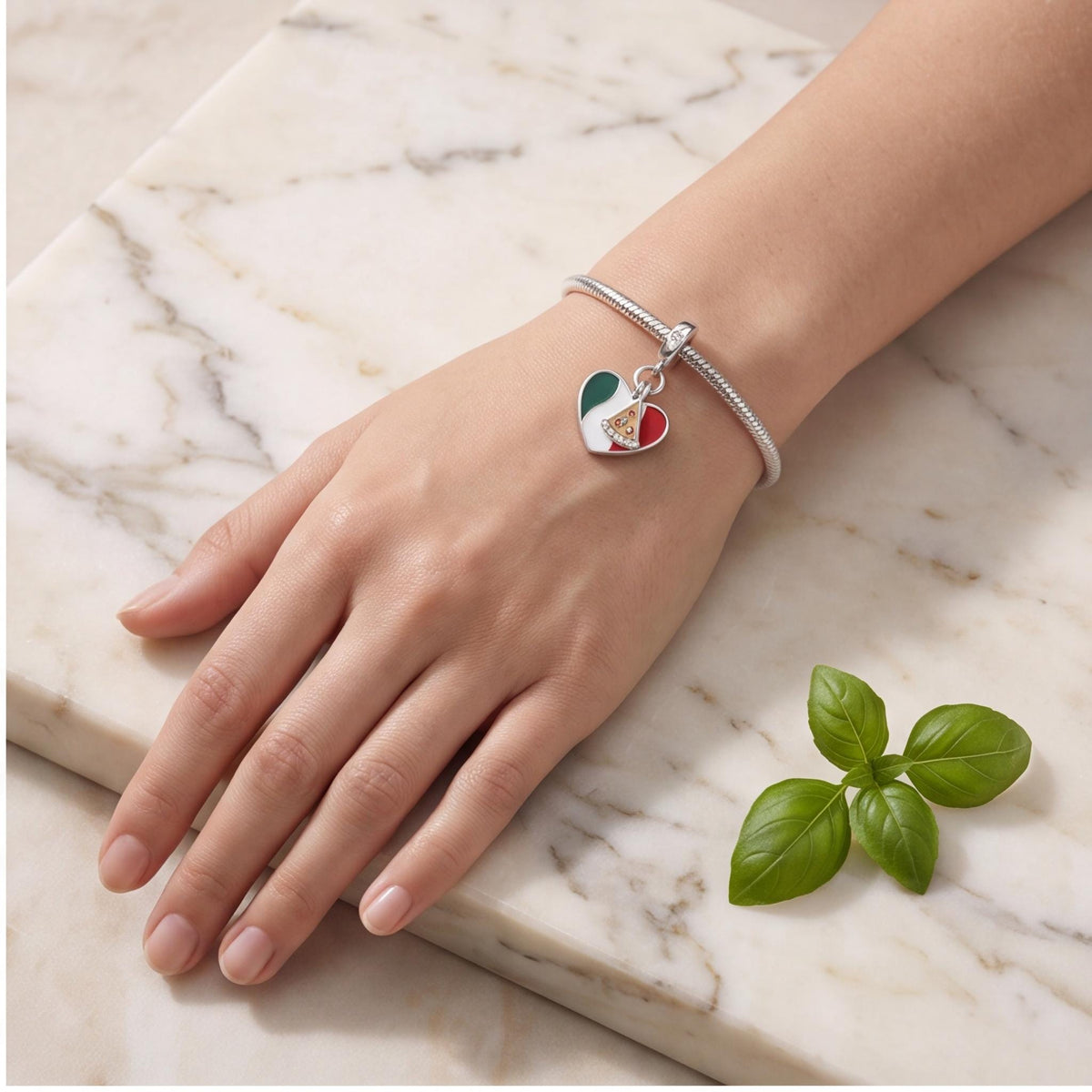 Italy Pizza Heart Charm worn on a charm bracelet