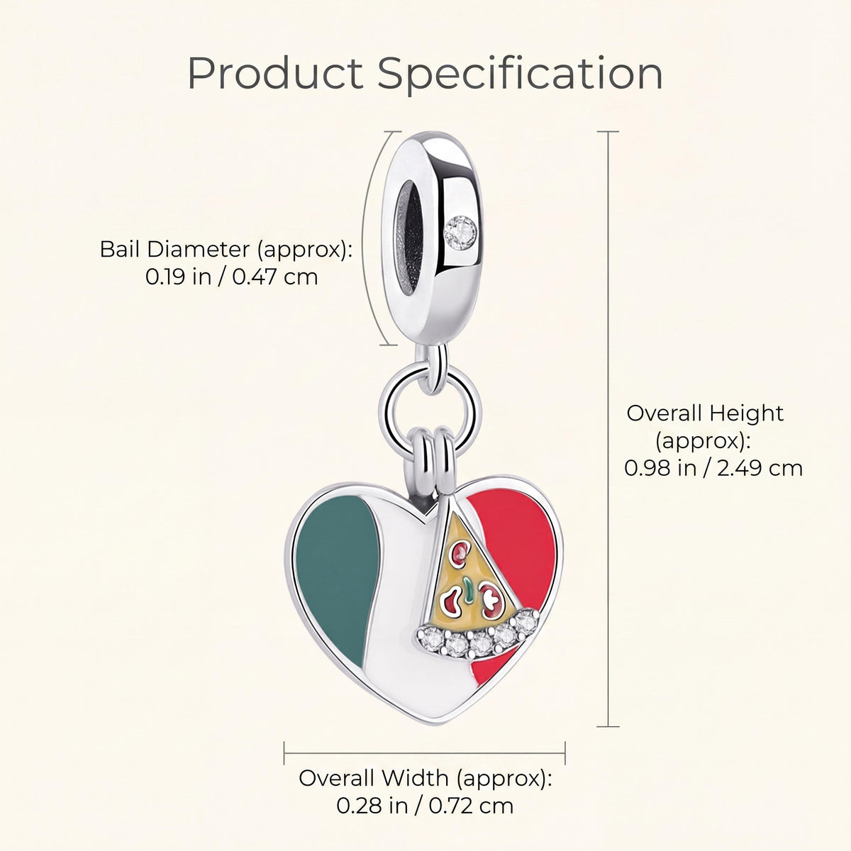 Italy Pizza Heart Charm size and details