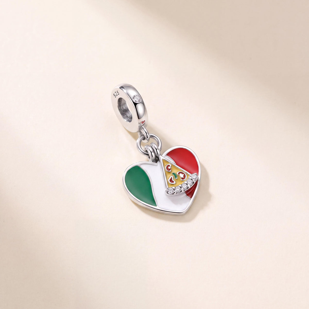 Italy Pizza Heart Charm in 925 sterling silver with green and white enamel and sparkling stones