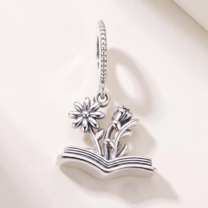 Flower Book Charm in 925 sterling silver with sparkling stones, fits European-style charm bracelets