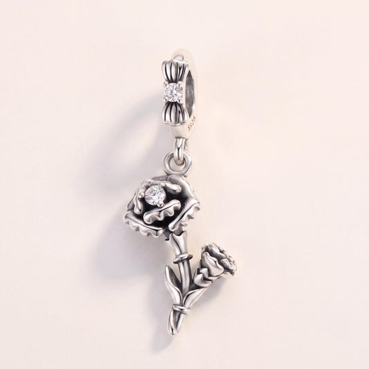 Rose Bouquet Charm in 925 sterling silver with sparkling stones, fits European-style charm bracelets