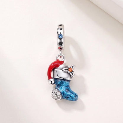 Christmas Stocking Dangle in 925 sterling silver with blue and red enamel and sparkling stones