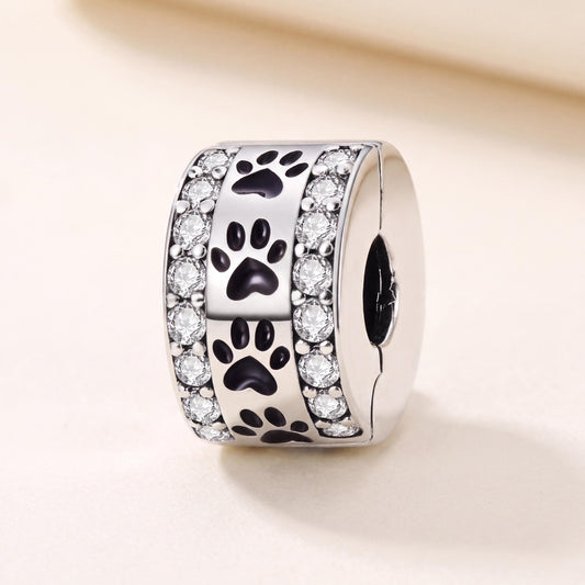 Paw Print Clip in 925 sterling silver with black enamel and sparkling stones, fits European-style charm bracelets