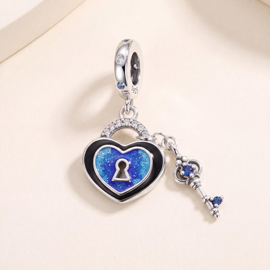 Blue Glitter Heart Lock Dangle in 925 sterling silver with blue and black enamel and sparkling stones