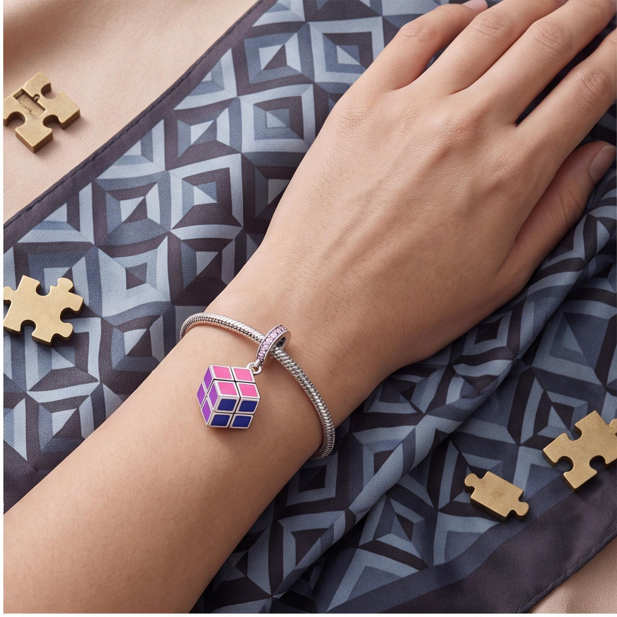 Puzzle Cube Dangle Charm styled as a gift