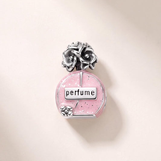 Perfume Bottle Charm in 925 sterling silver with pink enamel, fits European-style charm bracelets