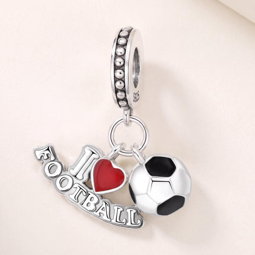 Love Football Charm in 925 sterling silver with red and black enamel, fits European-style charm bracelets