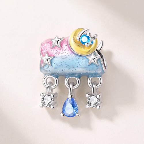 Moon Cloud Charm in 925 sterling silver with gold and pink enamel and sparkling stones, fits European-style charm bracelets