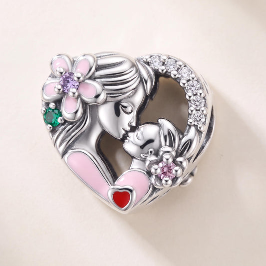 Mother Baby Heart Charm in 925 sterling silver with enamel and sparkling stones, fits European-style charm bracelets
