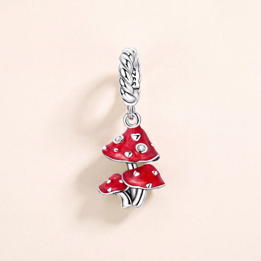 Double Red Mushroom Dangle in 925 sterling silver with red enamel and sparkling stones, fits European-style charm bracelets