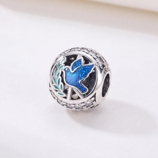 Peace Dove Bead in 925 sterling silver with blue and green enamel and sparkling stones, fits European-style charm bracelets