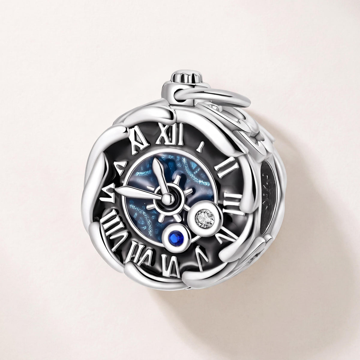 Pocket Watch Charm in 925 sterling silver with blue enamel and sparkling stones, fits European-style charm bracelets