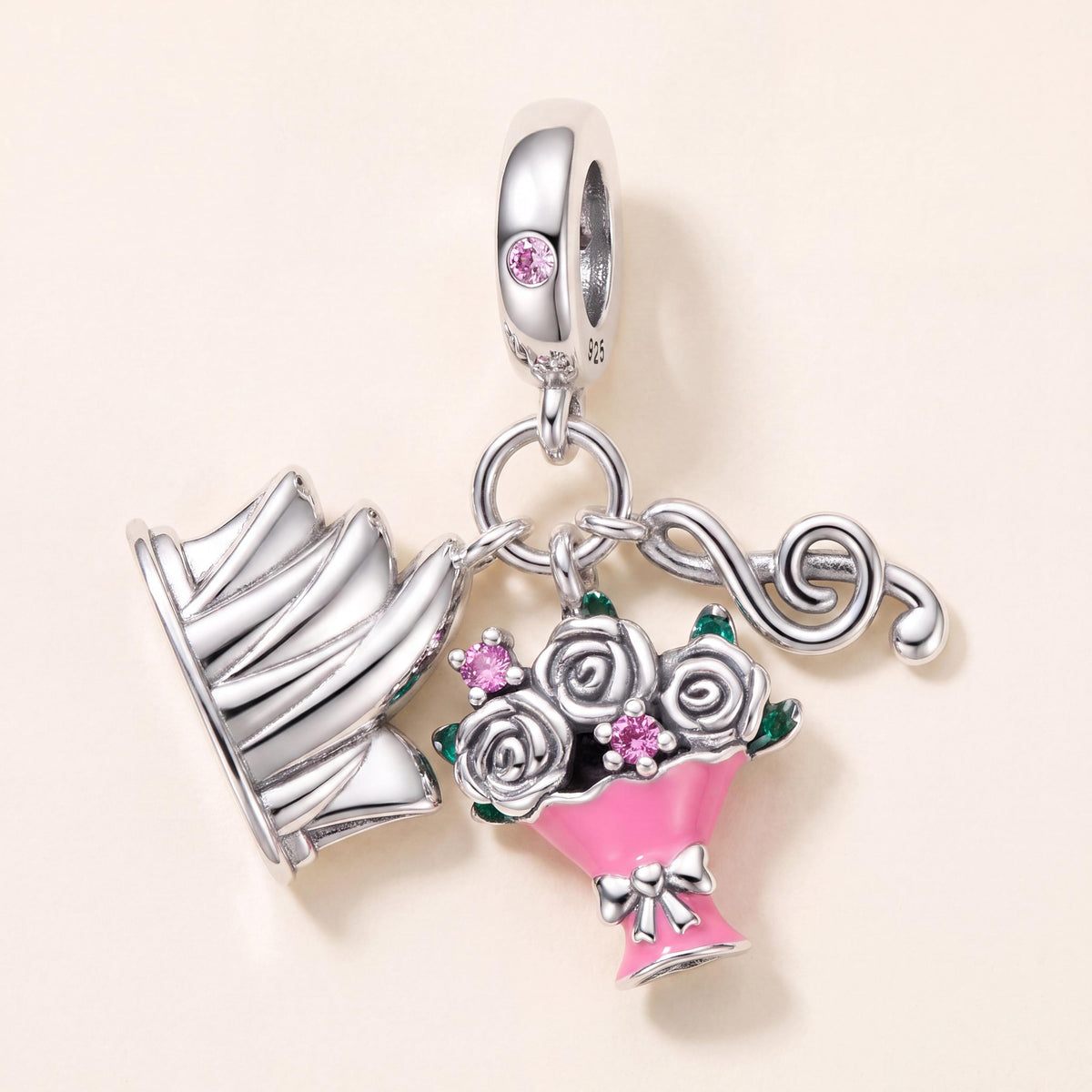 Music Graduation Charm in 925 sterling silver with pink and green enamel and sparkling stones