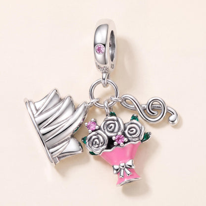 Music Graduation Charm in 925 sterling silver with pink and green enamel and sparkling stones