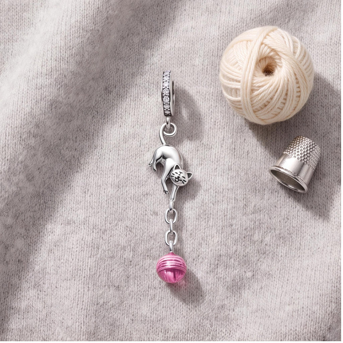 Playful Cat Yarn Charm, sterling silver dangle charm, photo 7
