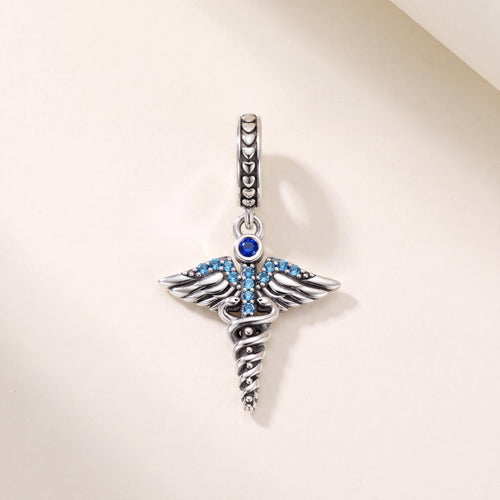 Medical Caduceus Dangle Charm in 925 sterling silver with sparkling stones, fits European-style charm bracelets