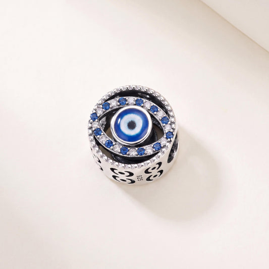 Evil Eye Bead Charm in 925 sterling silver with blue enamel and sparkling stones, fits European-style charm bracelets