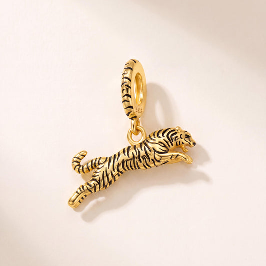 Leaping Tiger Dangle in 925 sterling silver with gold and black enamel, fits European-style charm bracelets