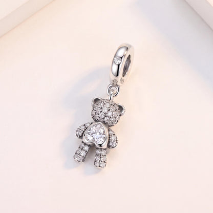 Teddy Bear Heart Dangle in 925 sterling silver with sparkling stones, fits European-style charm bracelets