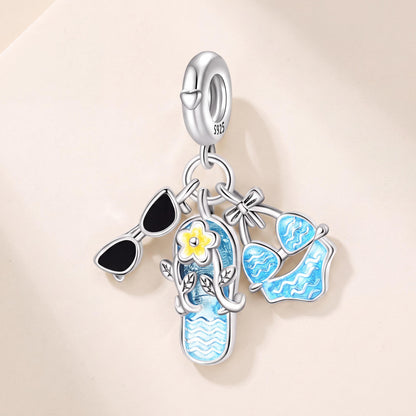 Summer Beach Dangle Charm in 925 sterling silver with blue and black enamel, fits European-style charm bracelets