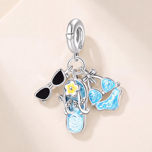 Summer Beach Dangle Charm in 925 sterling silver with blue and black enamel, fits European-style charm bracelets