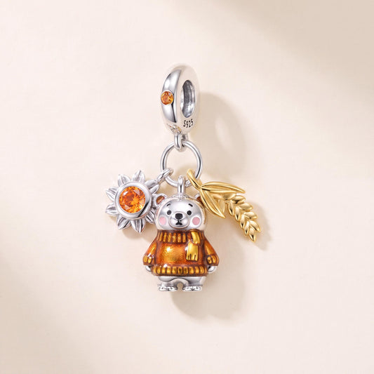 Autumn Bear Charm in 925 sterling silver with gold and orange enamel and sparkling stones
