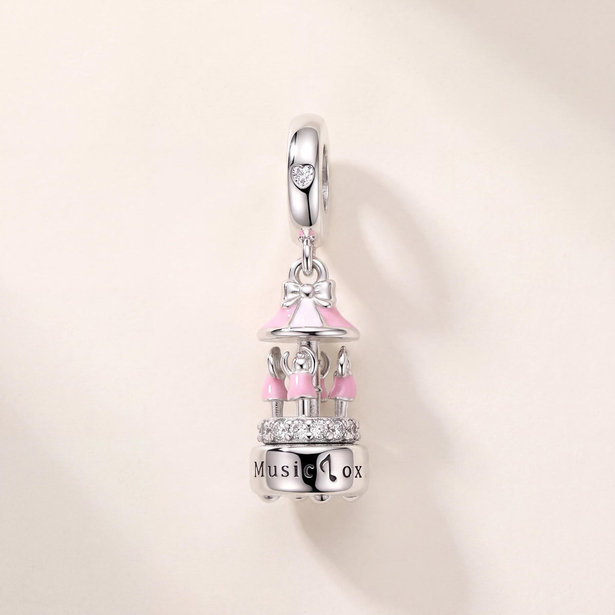Carousel Music Box Dangle in 925 sterling silver with pink enamel and sparkling stones, fits European-style charm bracelets
