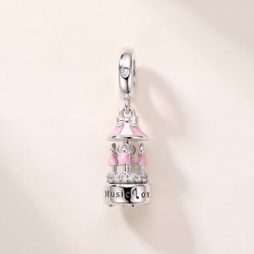 Carousel Music Box Dangle in 925 sterling silver with pink enamel and sparkling stones, fits European-style charm bracelets