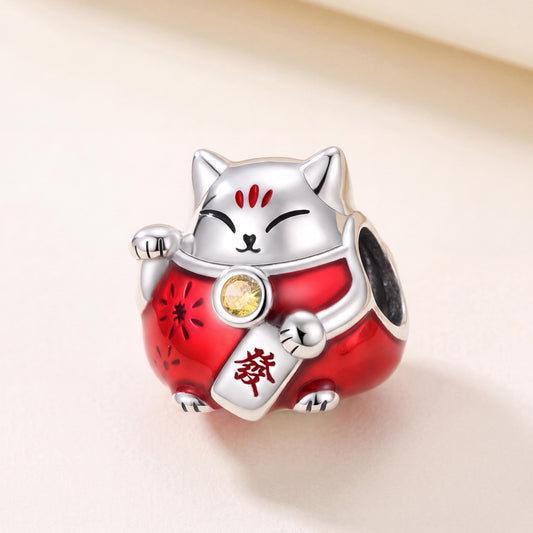 Red Lucky Cat Charm in 925 sterling silver with red enamel and sparkling stones, fits European-style charm bracelets