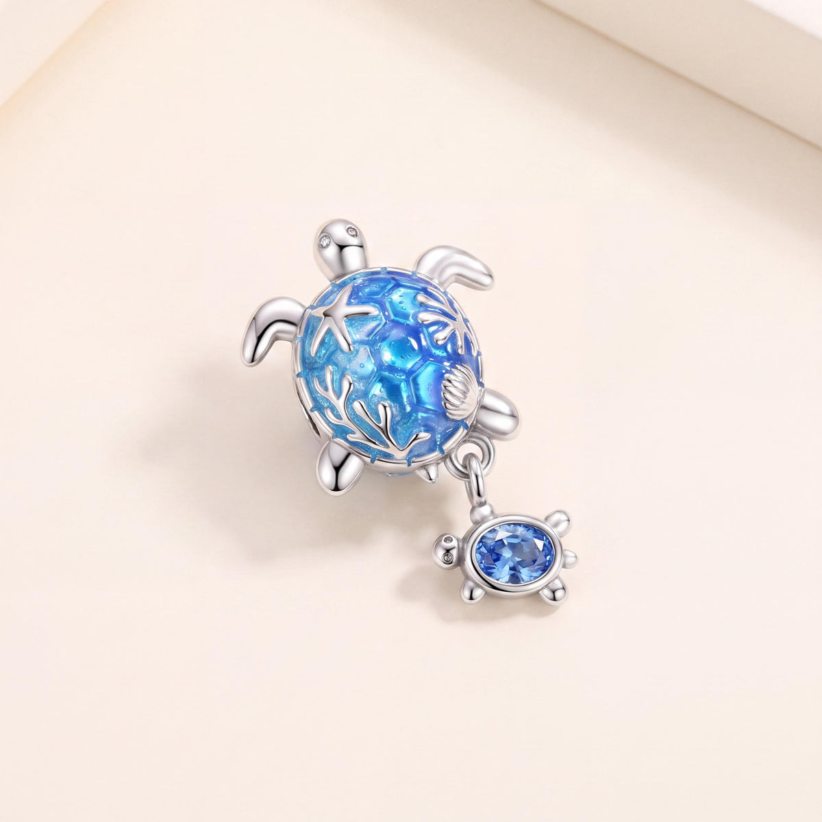 Mother Turtle Charm in 925 sterling silver with blue enamel and sparkling stones, fits European-style charm bracelets