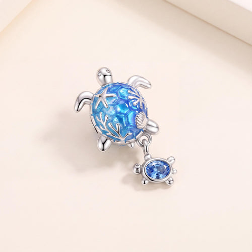 Mother Turtle Charm in 925 sterling silver with blue enamel and sparkling stones, fits European-style charm bracelets