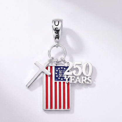 USA Flag Dangle Charm in 925 sterling silver with red and white enamel, fits European-style charm bracelets