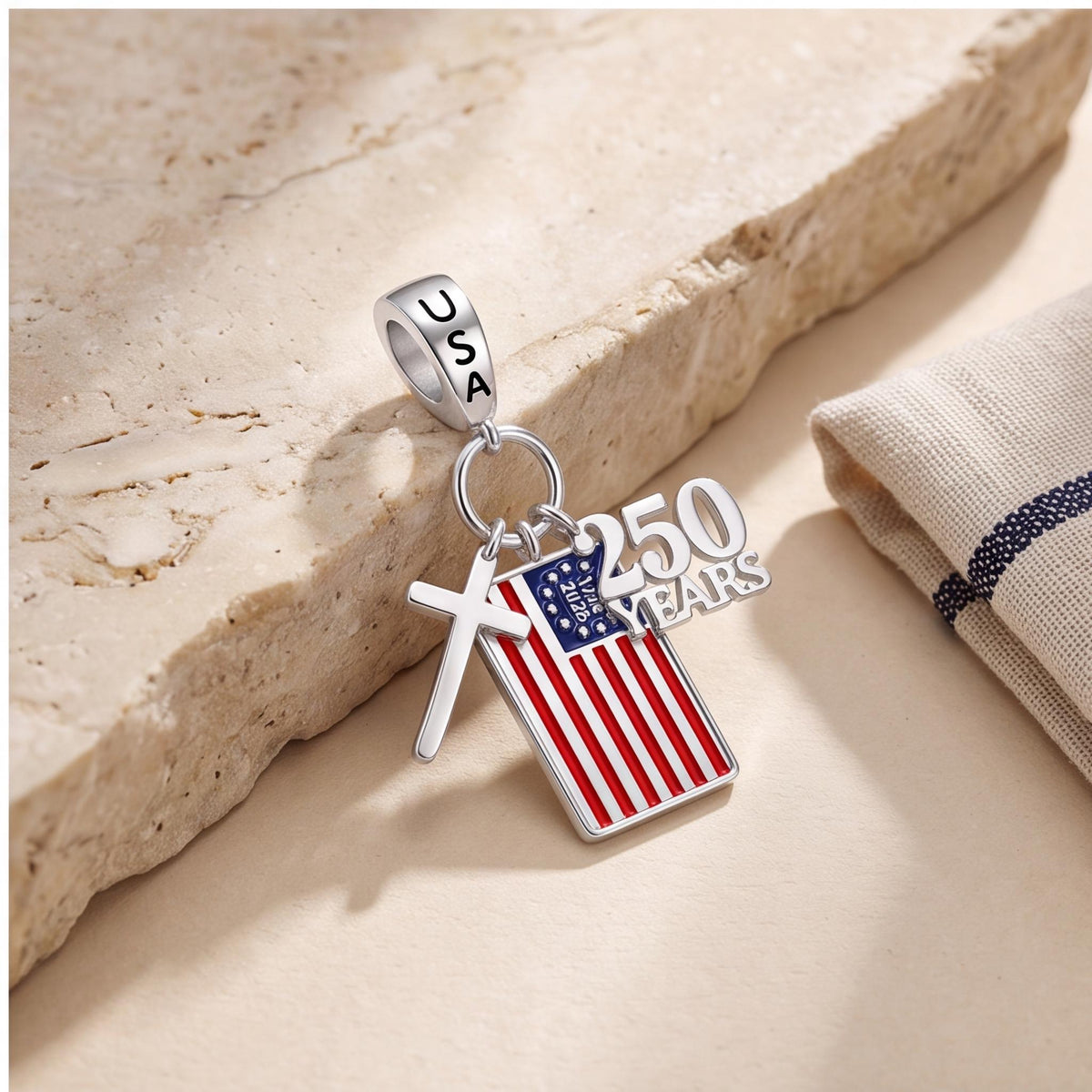 USA Flag Dangle Charm on a silver charm bracelet