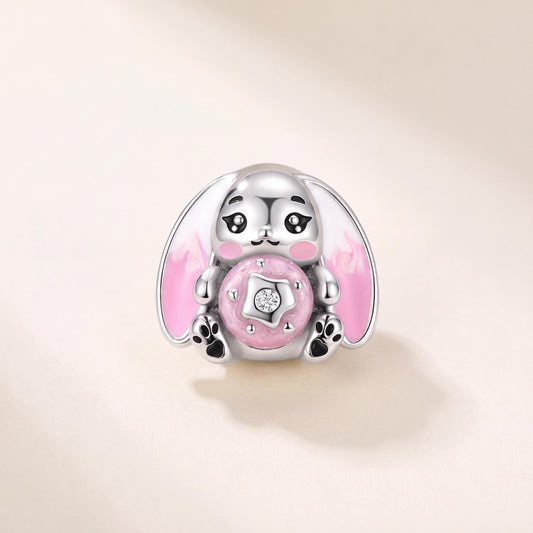 Pink Bunny Charm in 925 sterling silver with pink and white enamel and sparkling stones, fits European-style charm bracelets